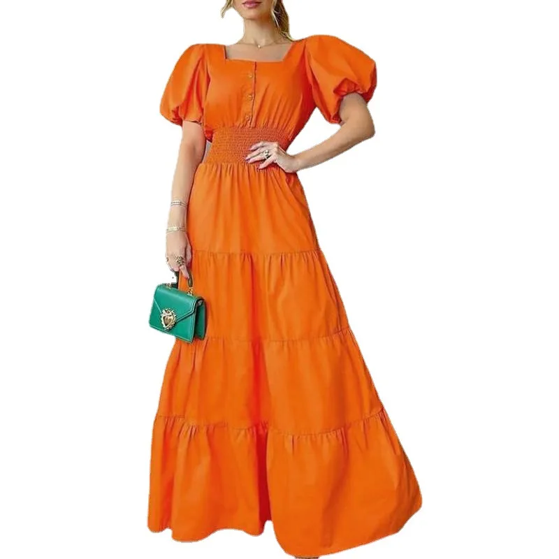 

New Design High Quality Elegant Party Dress Summer Bubble Sleeve Peplum Maxi Women's Dress Pius Size Casual Dresses