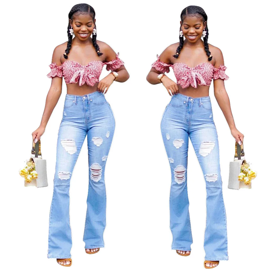 

Slim wash ripped jeans stretch bell bottoms jean trouser, Cambridge blue