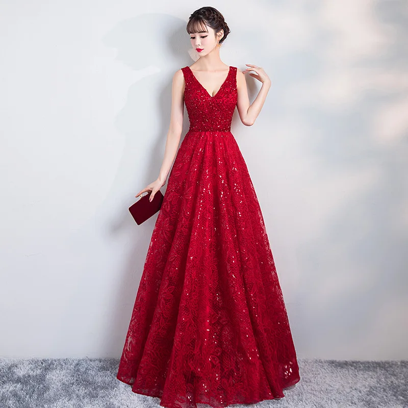 

Charming Red A-Line V-Neck Shinny Beaded Appliqued Evening Dress Prom Party Gown sequin beading red ball gown prom dress, As shown