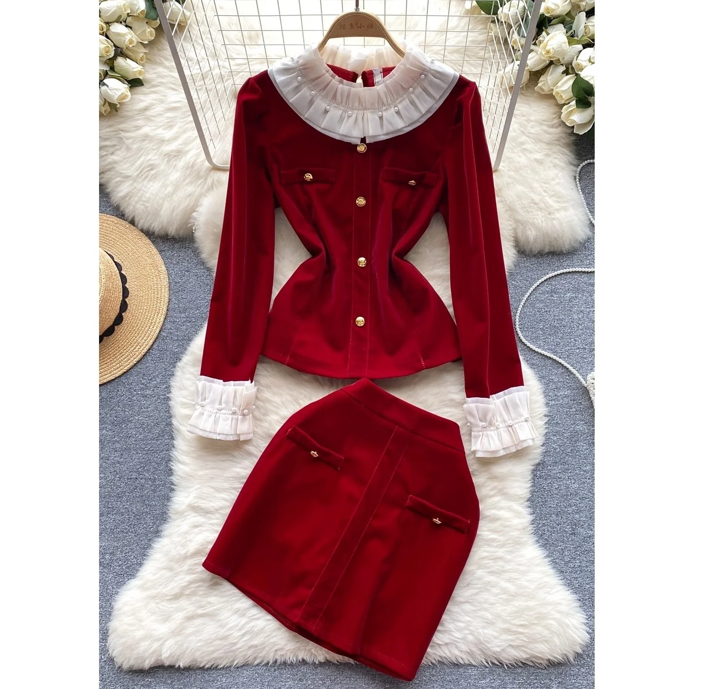 

2 Pieces Set Sweet Solid Color Knit Crop Top Vest Women Casual Bodycon Mini Skirt Ladies