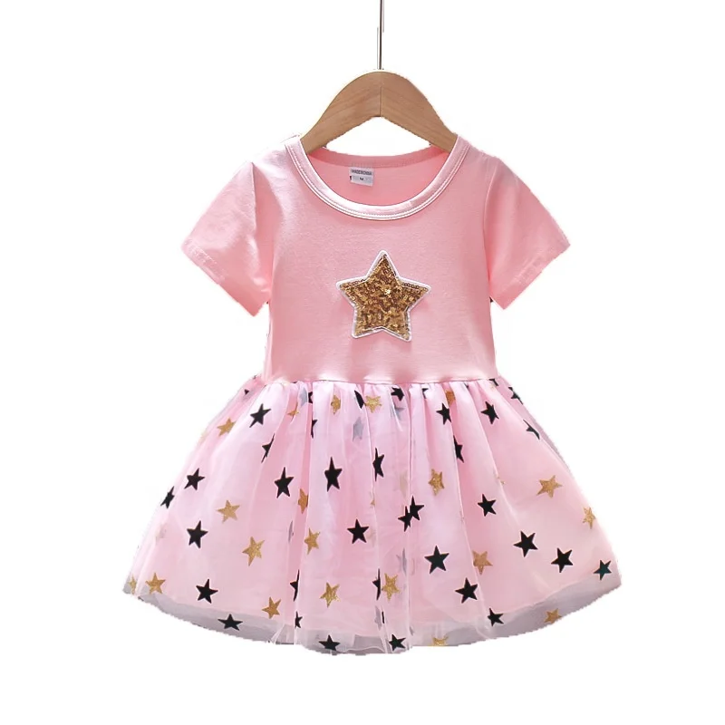 

New Summer Star Mesh Patchwork O-Neck Short Sleeve 1-7 Years Old Black Pink Red Pleat Baby Girls Cotton Dresses For Girls