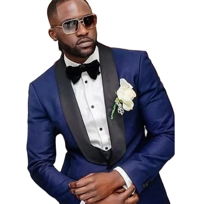 

Navy Blue Three Piece Wedding Suit For Men's Party With Black Shawl Lapel