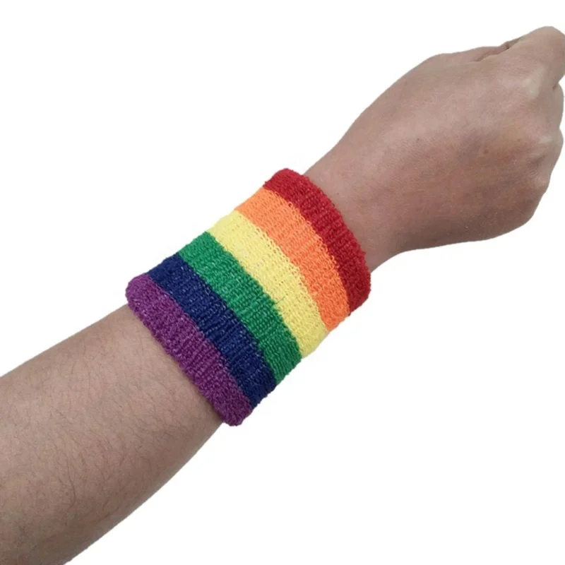 

Women Men Sports Wristbands Towel Sweatband Rainbow Colorful Stripes Breathable Bracers Running Badminton Wrist Support Wrap, Customized color