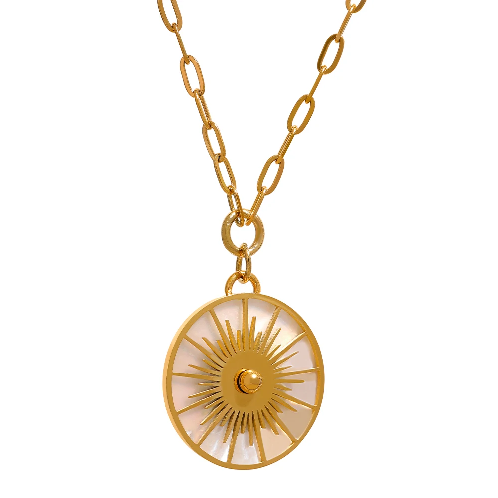 JINYOU 151 Big Round Geometric Pendant Statement Necklace Stainless Steel Gold Shell Fashion Jewelry