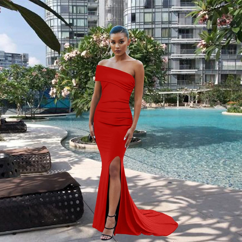 

Women's 2020 new Sexy One-Neck Irregular Split Dress Evening Dress Halter Long Dress AM593