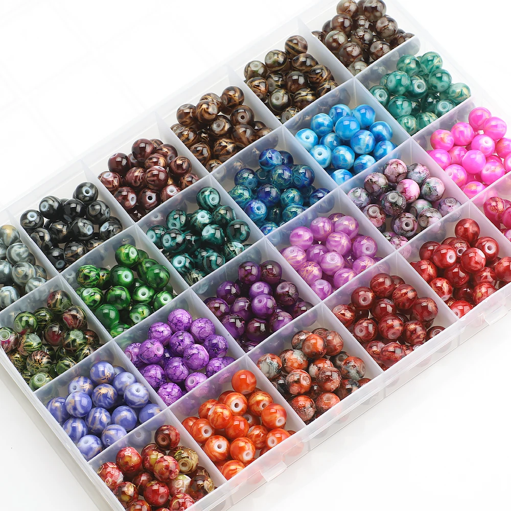 

24 Colors 600PCS Round Glass Bracelet Beads Gradient Color Crystal Natural Stone Tiger Eyes Bead Box Set For DIY Christmas Gifts