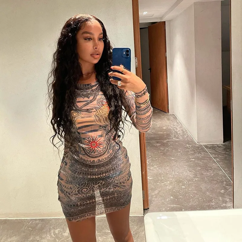 

Wholesale Bodycon Round Neck Long Sleeve Mesh Perspective Mini Dresses For Woman 2021