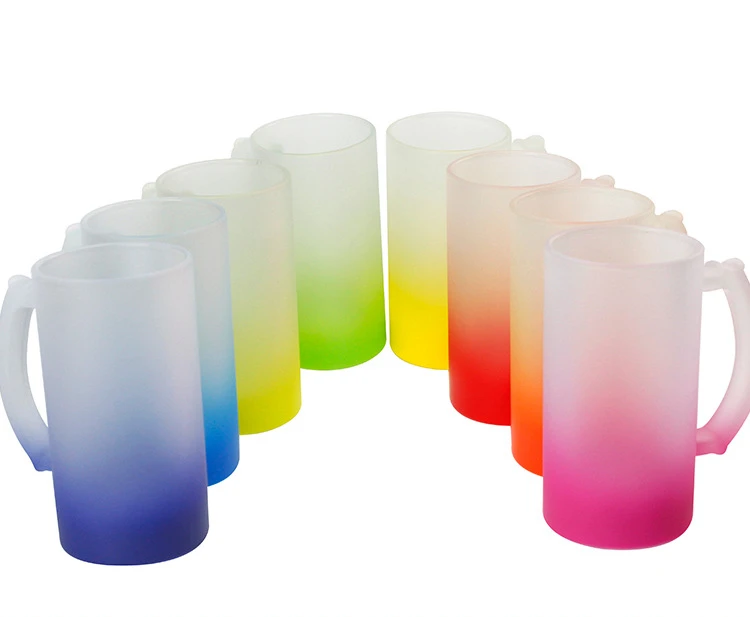 

Trendy New Ombre Colored Glass 16oz Sublimation Blanks Frosted Glass Coffee Mugs with Handle in Gradient Colors, 8 colors mixed