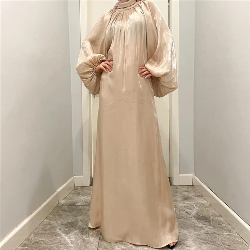 

Abaya High Quality Modest Maxi Dress Lantern Sleeve Silk Smooth Pockets Islamic Clothing Robe Glitter Satin Abaya, 4 colors in stock