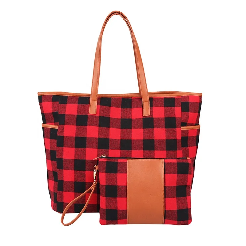 

Buffalo Check Tote Purse Sets Personalized Monogram 2 Piece Buffalo Plaid Tote With Wristlet Bag Sets, Red,white,leopard