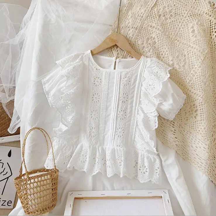 

LM8221Q summer new girl lace shirt female baby round neck short sleeve blouse doll collar shirt top, White/pink