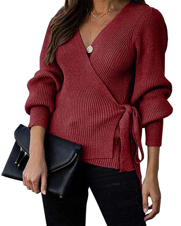 

Hot Sale Casual Streetwear V-Neck Ribbed Sweater Cross-Wrapped Wholesale Knitted Europeans Sweater, 6 colors