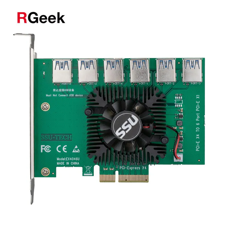 

RGeek PCI Express X4 20Gb 1 to 6 Riser Card PCI-E to PCI-E Adapter PCIE Slot 4X to 16X Pcie 1 to 6 USB 3.0 Riser Extender, Green