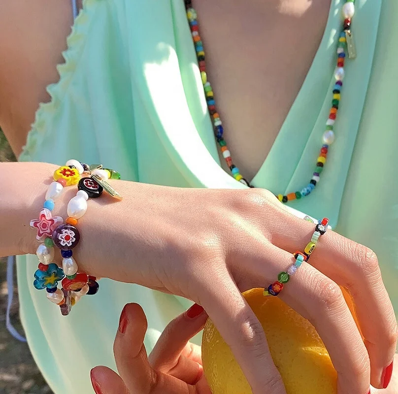 

Korean Bohemian Imitation Pearl Beaded Bracelet Ring Set For Women Multicolor Sweet Daisy Flower Beads Choker Necklaces Jewelry