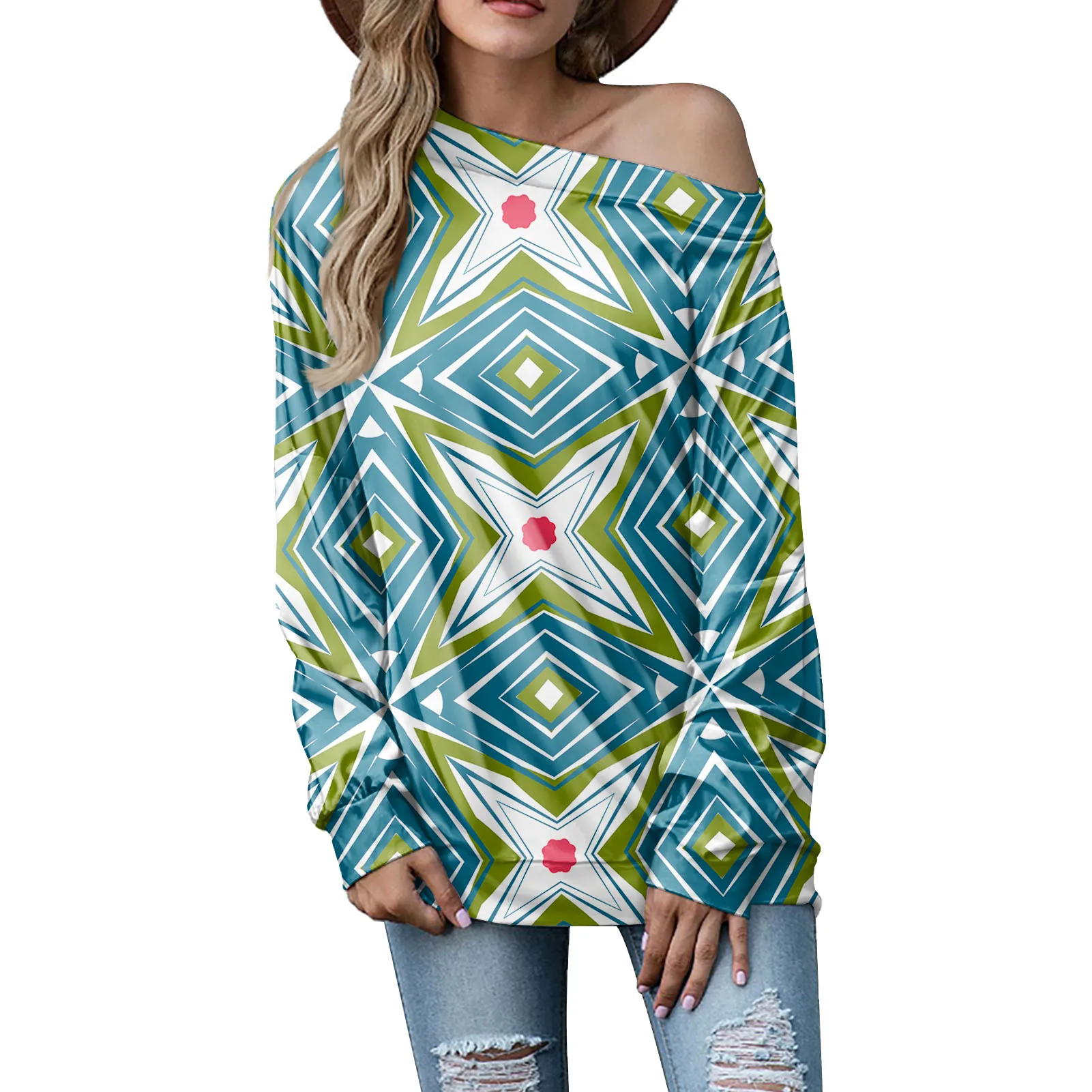 

2021 ethnic style long-sleeved women's jacket 3d printed one piece custom patchwork long sleeve one shoulder blouse abrigos