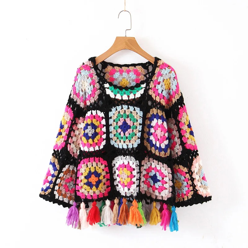 

M909 Multicolor O Neck Color Block Floral Crochet Hollow out Sweater Tassels Sweep Beach Sweaters Knitwear