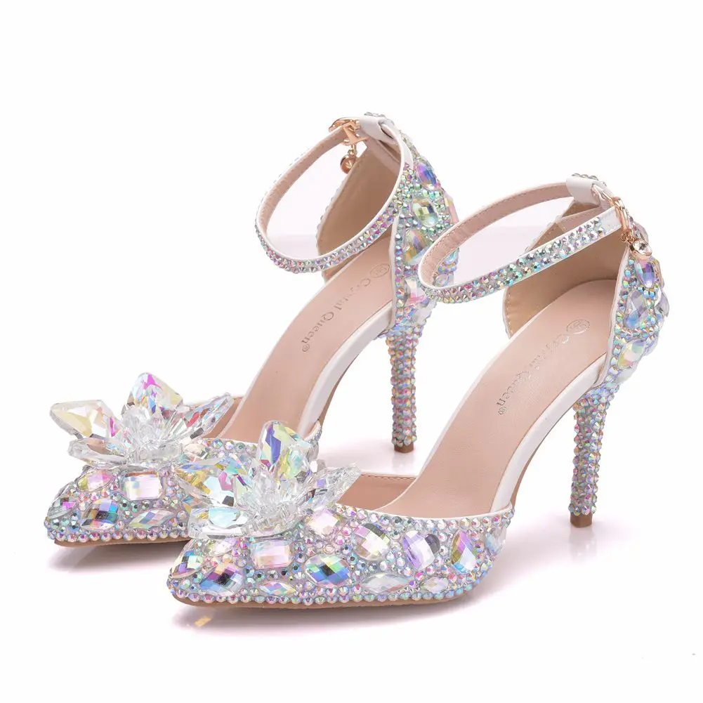 

BS063 European Wedding Shoes Female White Drill Rhinestone Crystal Sandals Stiletto Pointed Bridal Shoes High Heels, As the picture