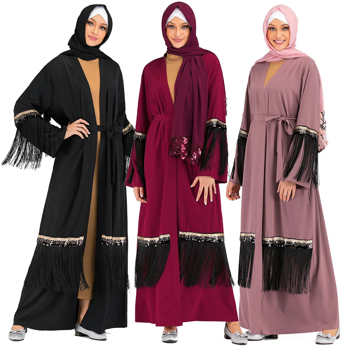 

1795# 2019 Wholesale New Arrival High Quality Modern Dubai Abaya Sequin Muslim Front Open Dress