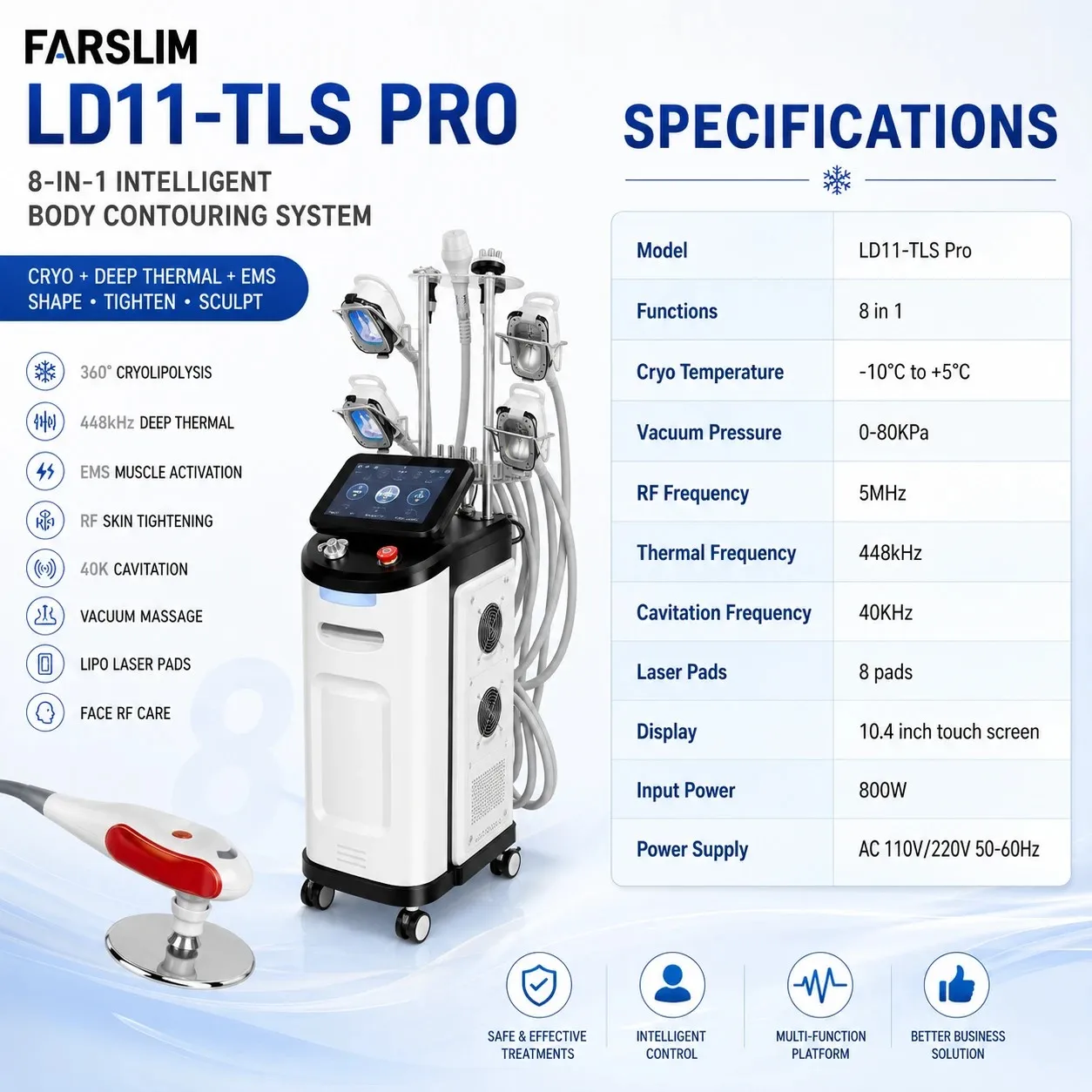 FARSLIM LD11-TLS PRO technical specifications including minus 10 to 5 degree cryo range, 448kHz thermal frequency, and 800W input power.