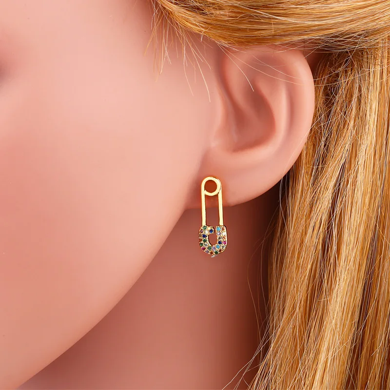 Latest new design micro pave rainbow star earrings cubic zirconia cz safety pin stud earrings for women