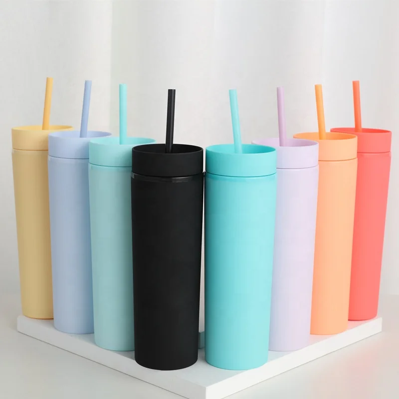 

14oz 16 Oz 450ml Pastel Classic Acrylic Skinny Plastic Tumbler Cups with Dome Lid and Straws