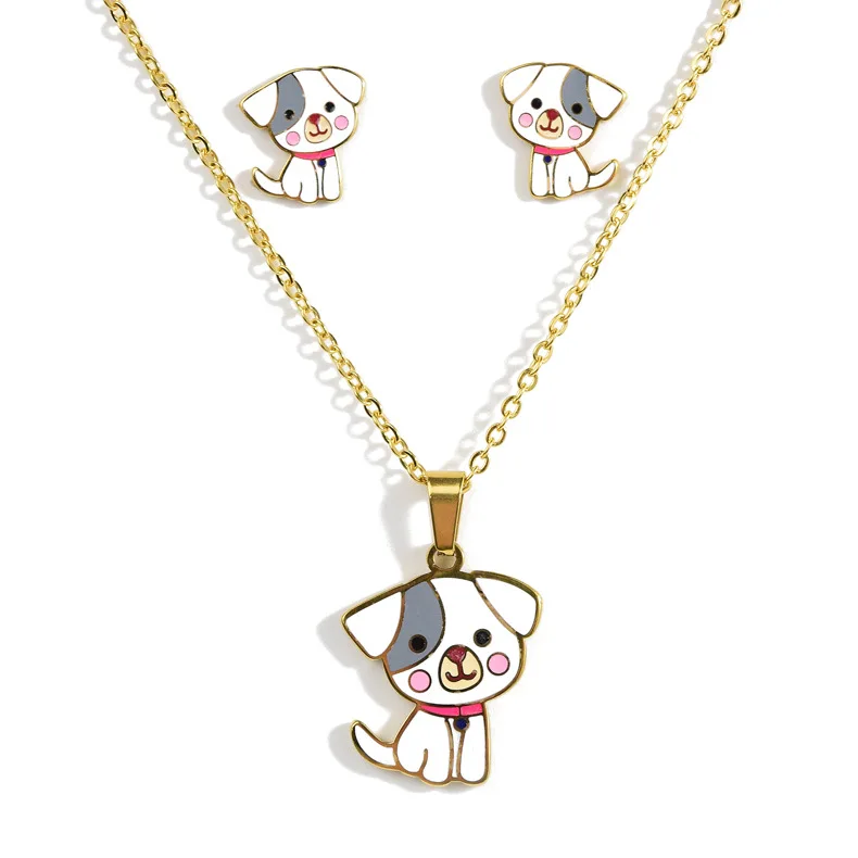 

High Quality Stainless Steel Children Animal Jewelry Enamel Cute Dog Pendant Necklace and Earrings 18K Gold Jewelry Set for Kids, Silver , gold plated, rose gold