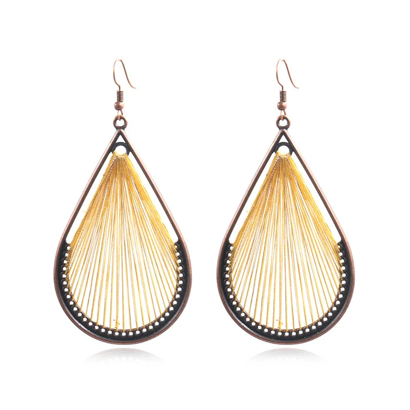

Creative Bohemian Style Geometric Water Drop Shape Hand handmade Woven Colorful Gold Thread Earrings, Yellow,red,green,orange
