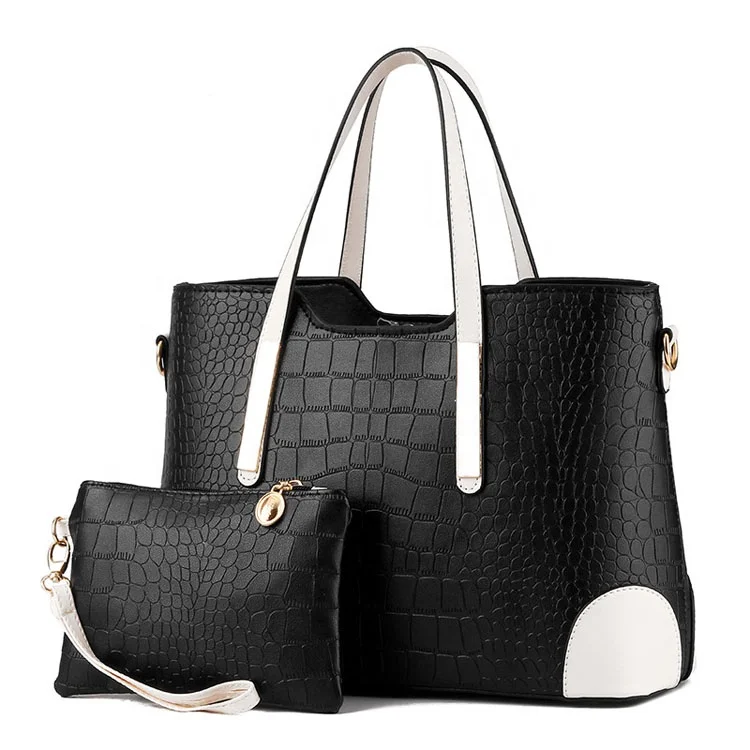 

Trendy ladies 2pcs in 1 bags set women handbags alligator PU leather wholesale luxurious tote purses handbags set for women, Black, grey,white