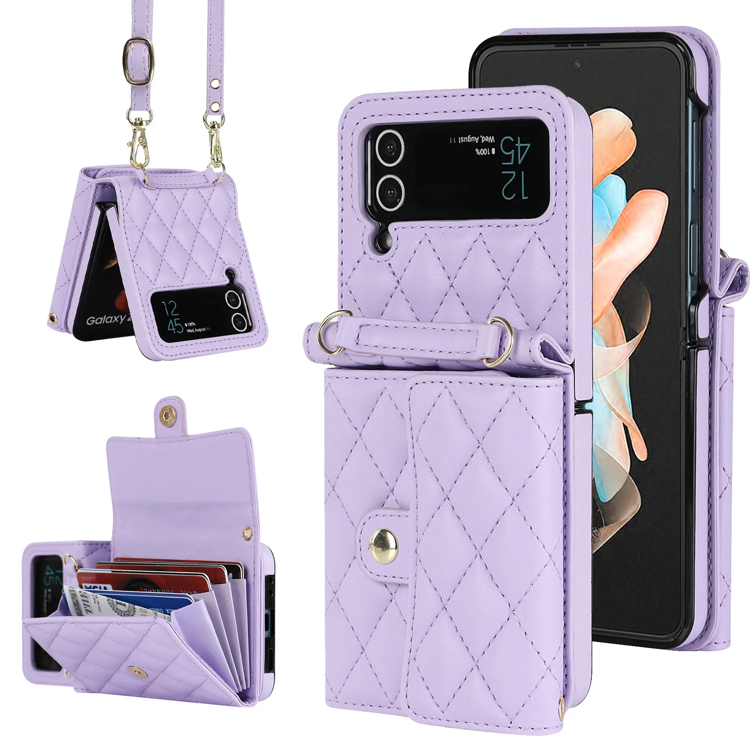

Anti-theft Luxury Leather Pu plaid crossbody chain Case Card Holder Folding Phone Case For Samsung ZFlip 4 3 5 Phone Cover
