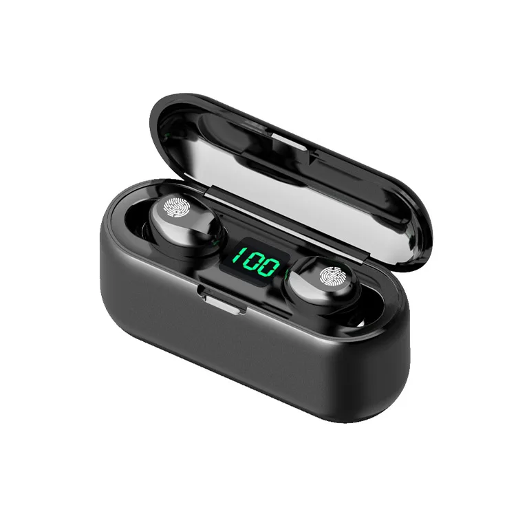 

Hot sale 8D Stereo 2000Mah powerbank F9 Lcd Display Mini In-ear Sports Wireless Earbuds In-Ear Earphones Headphone Headset, Black white