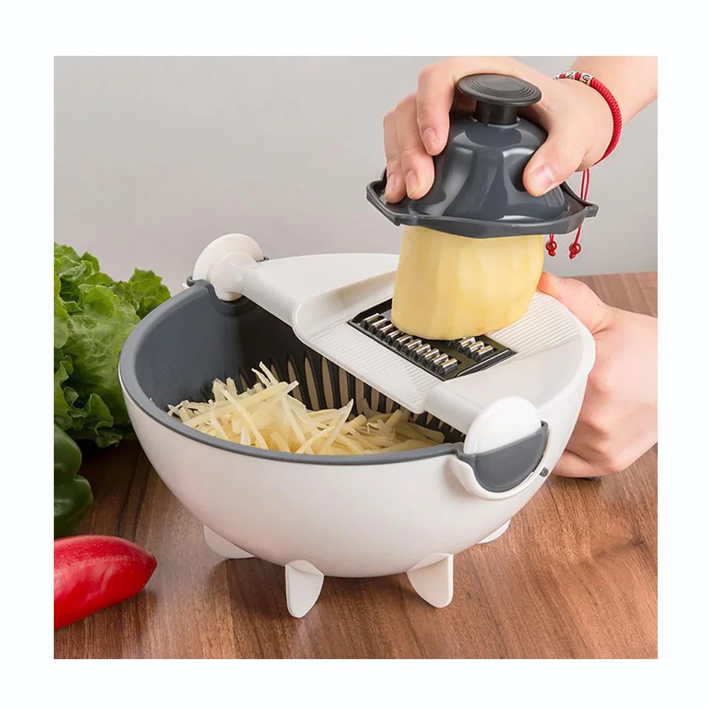 

JX- Multifunction Vegetable Cutter Drain Basket Magic Rotate Vegetable Julienne Grater Kitchen Tool with 8 Dicing Blades, Grey