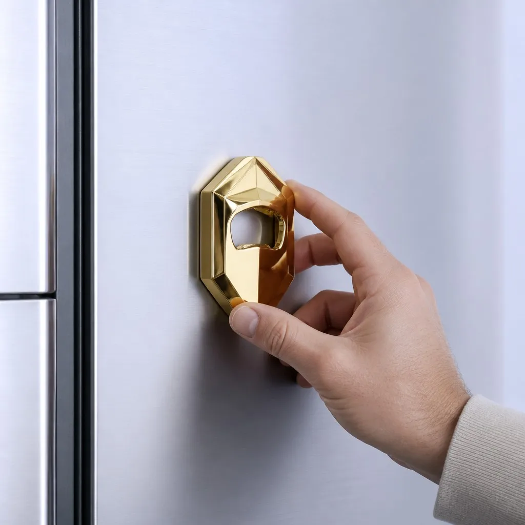 Hand adjusting the gold bottle opener mounted on a refrigerator door
