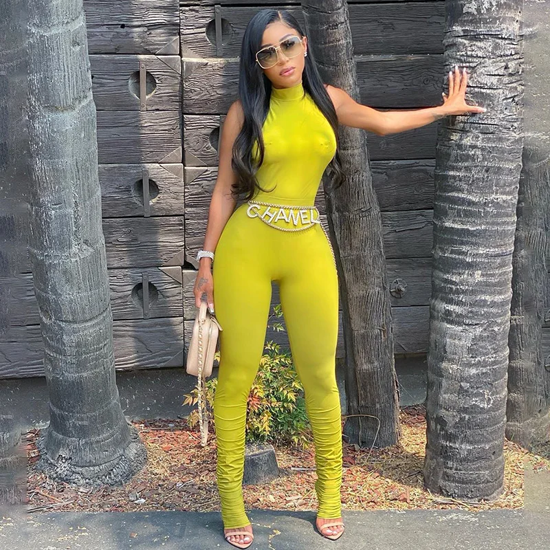 

Fashion Solid Sexy Sleeveless Turtleneck Bodysuits And Long Trouser 2 Piece Sets Women Bodycon Legging Two Piece Sets, Green/black