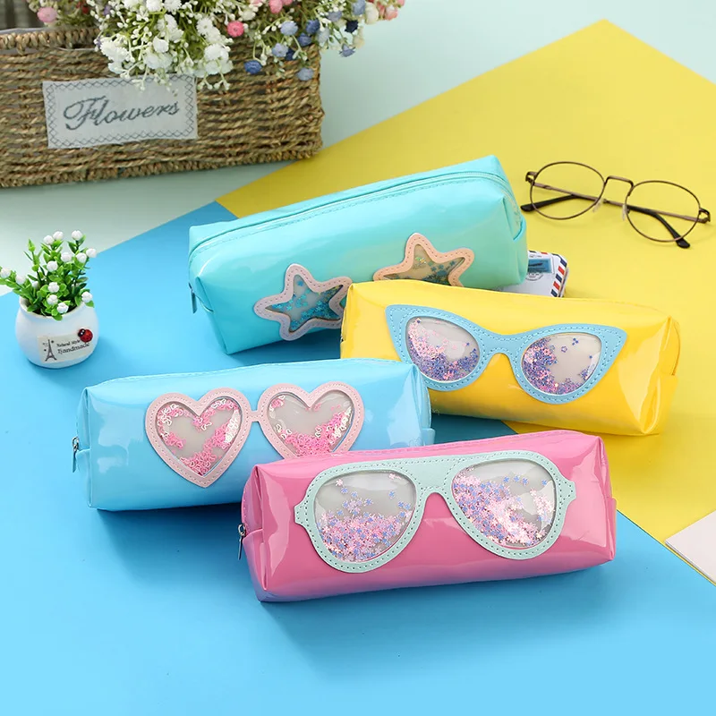 

Hot Selling student pencil bag fashionable PU four-corner laser pencil bag glasses shape bead stationery bag