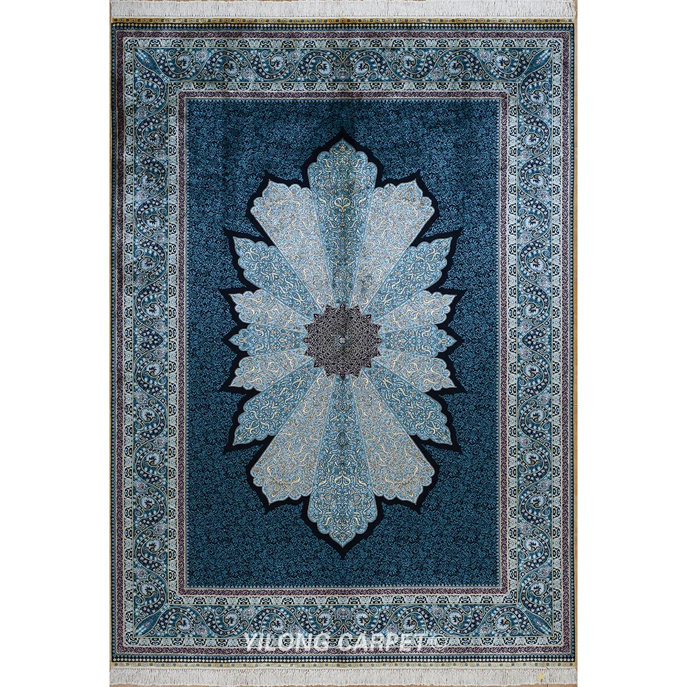 

Yilong 6'x9' Blue Leaf Hand Knotted Rug House Handmade Kashmir Silk Rug and Carpet