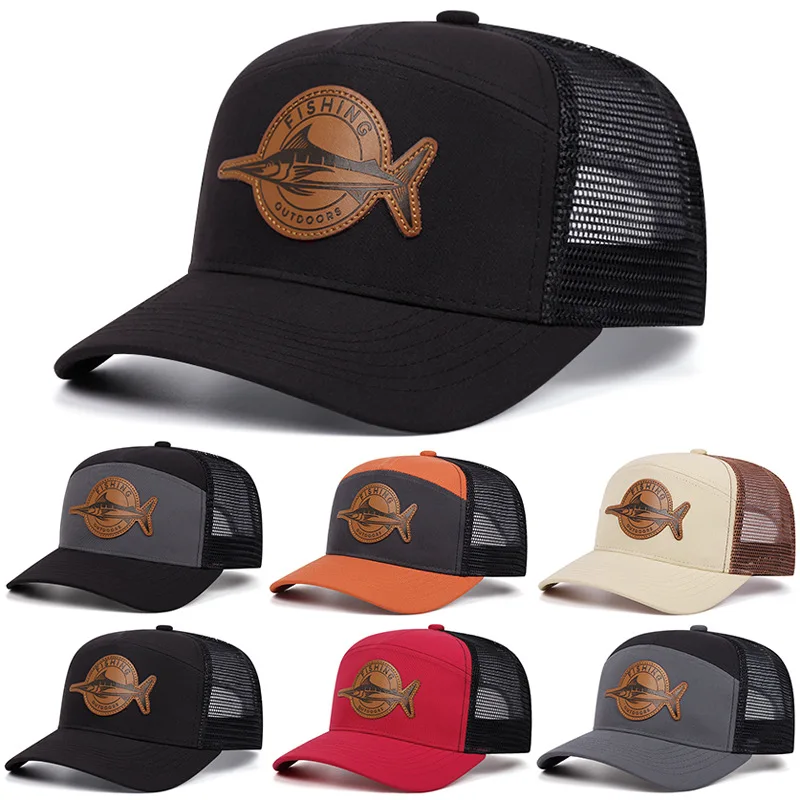 Wholesale Outdoor 6 Panel Mesh Back Outdoor Fishing Visor Leather Patch Trucker Hat for Men