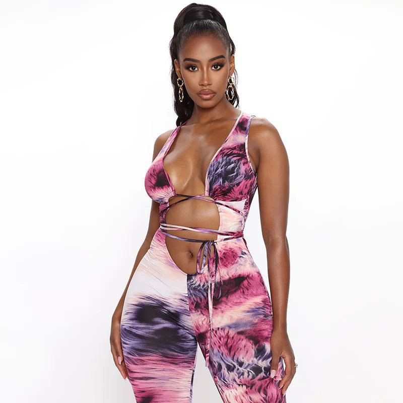 

S1322 Tight Tie-dye Jumpsuit With Slim Leggings Women Wrapped Chest Casual Jumpsuit fall 2021 women clubwear, As pictures