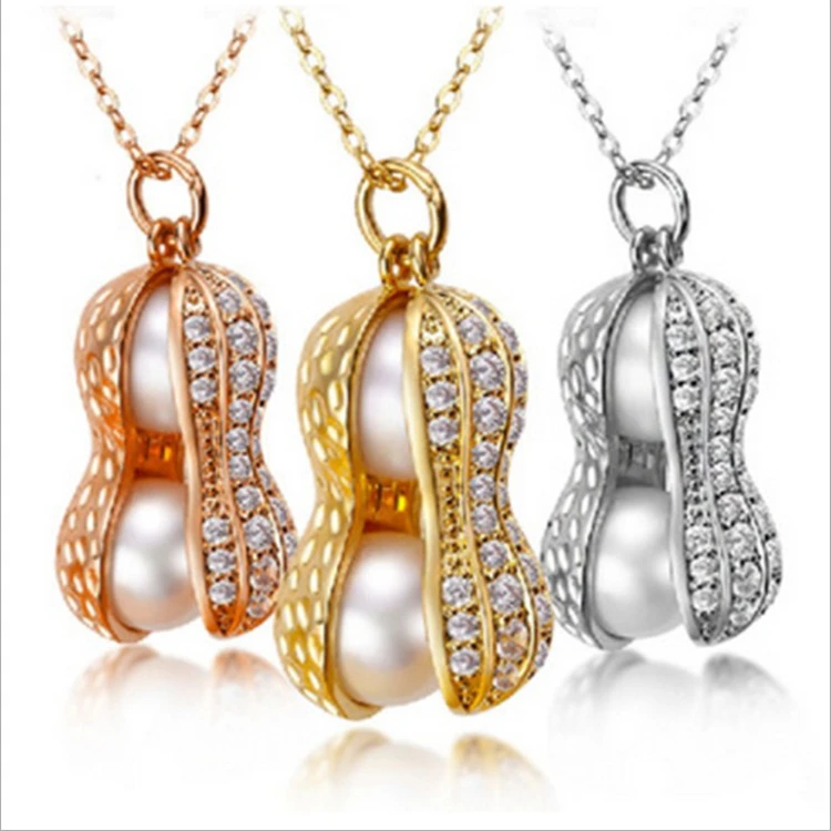

Fashion Jewelry Accessories Crystal Pendant Imitation Natural Pearl Pendant Clavicle Chain Diamond Peanut Necklace, As the picture show