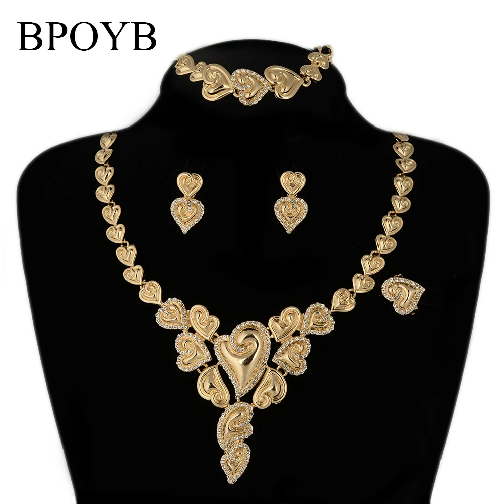 

BPOYB 2021 Hot Sale Luxury Big 18k Brazilian Gold Jewelry Set Fashion Crystal Love Heart Dubai African Jewelri Wholesale