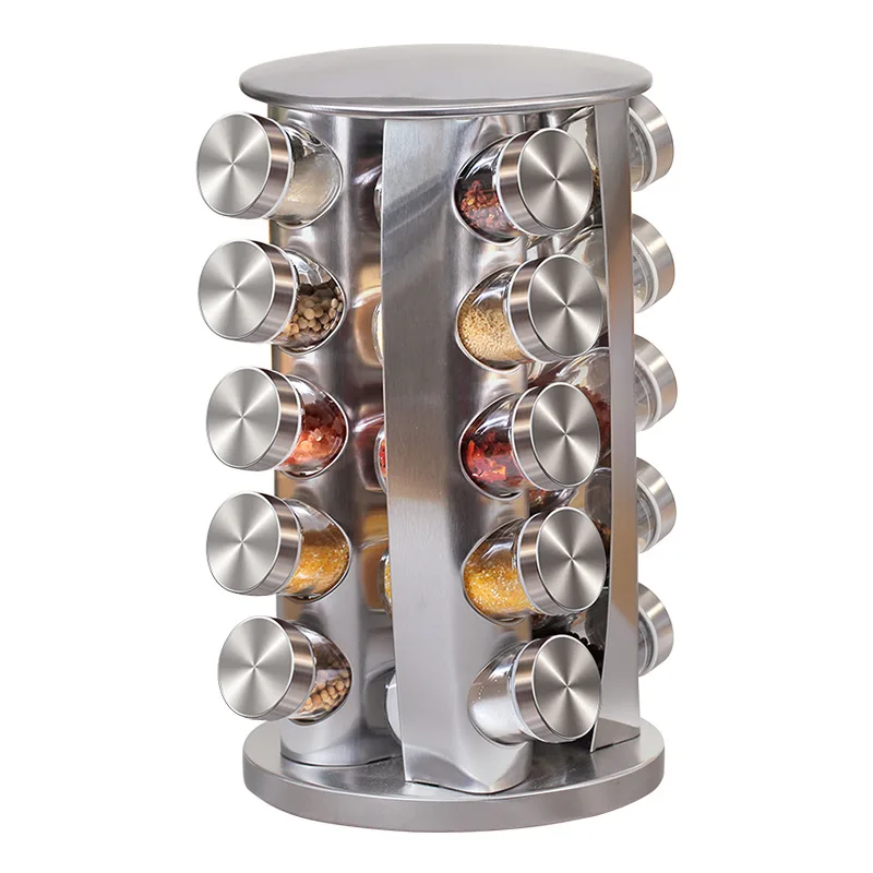 

Stainless Steel Revolving 20-Jar Countertop Rack with Spice Glass Bottle Rotating Spice Rack Kitchen Cabinet Organizer