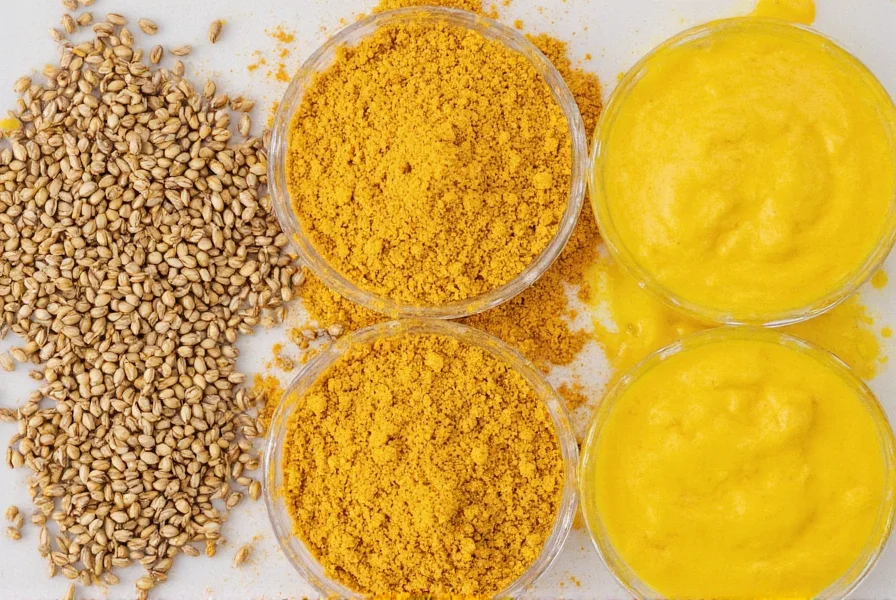 Close-up comparison of mustard seeds, mustard powder, and prepared yellow mustard in small bowls