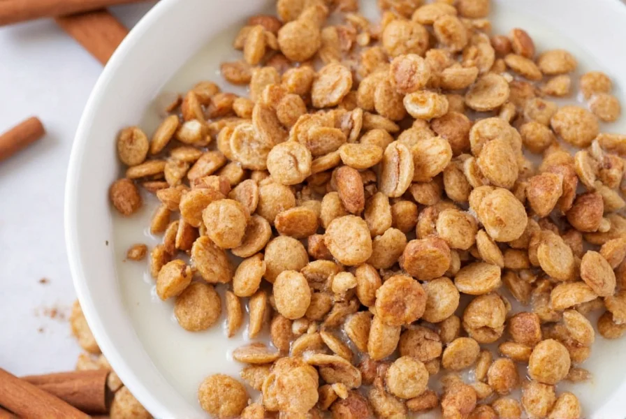 Close-up view of Kashi Cinnamon Harvest cereal in a bowl with milk and fresh cinnamon sticks