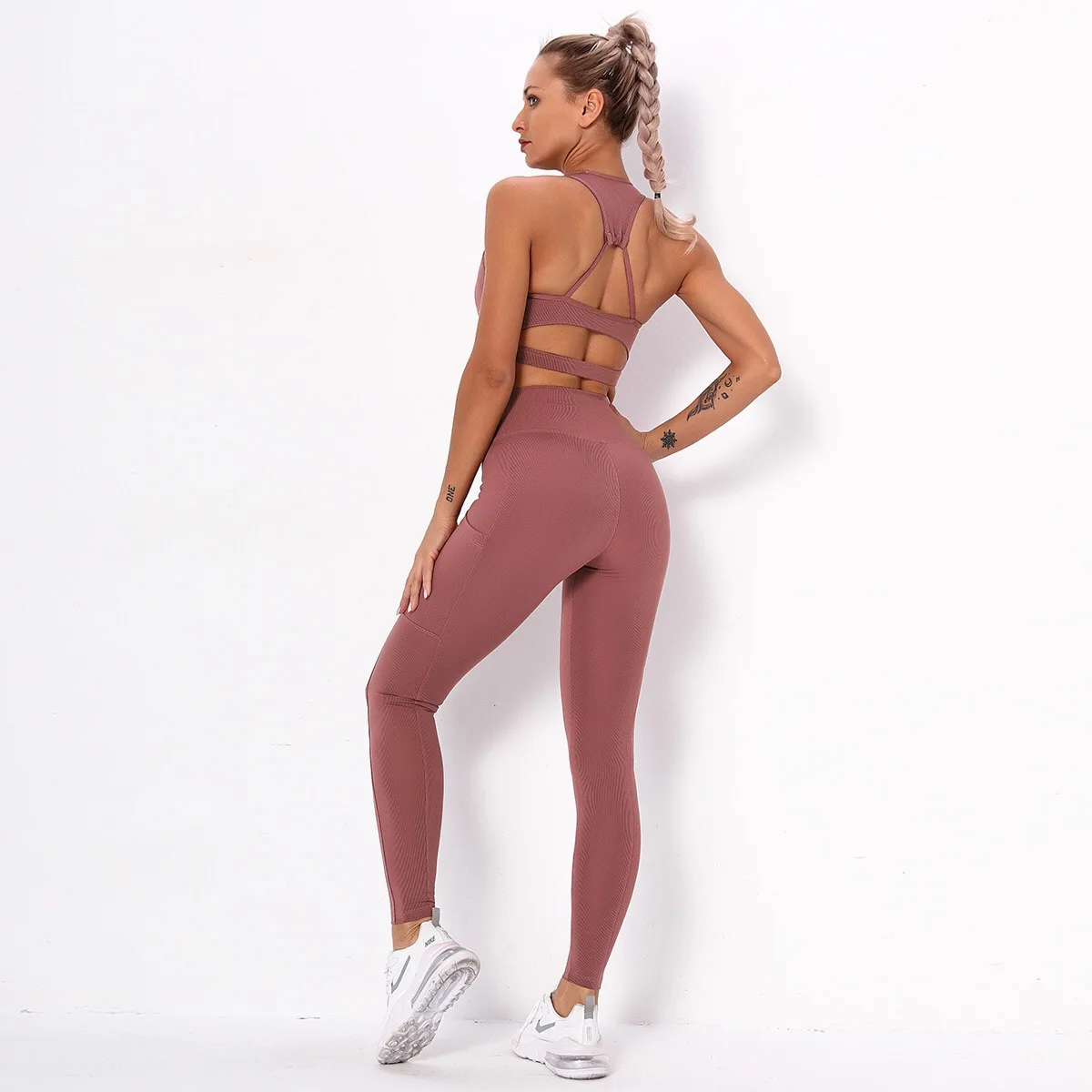 

BBLXF6230 Casual sexy halter female sportswear shoulder strap cross fitness 2-piece suit stretch yoga set