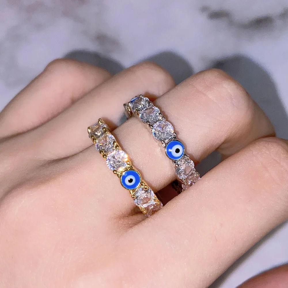 

New Design Micro Pave Zircon Turkish Blue Eye Ring 18K Real Gold Plated Iced Out Zircon Evil Eyes Rings Jewelry