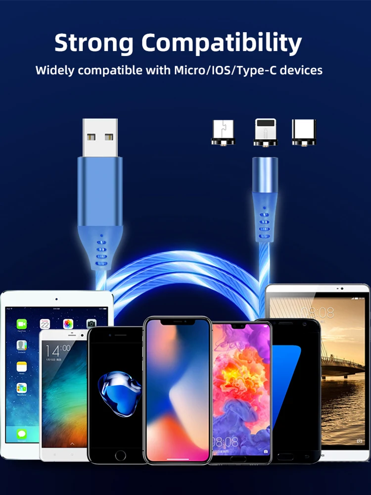 1Meter 3.28ft USB LED Light Charging Luminous Data Cable 3 in 1 Magnetic Micro Lighting USB C Light Streamers Magnetic USB Cable - ANKUX.COM
