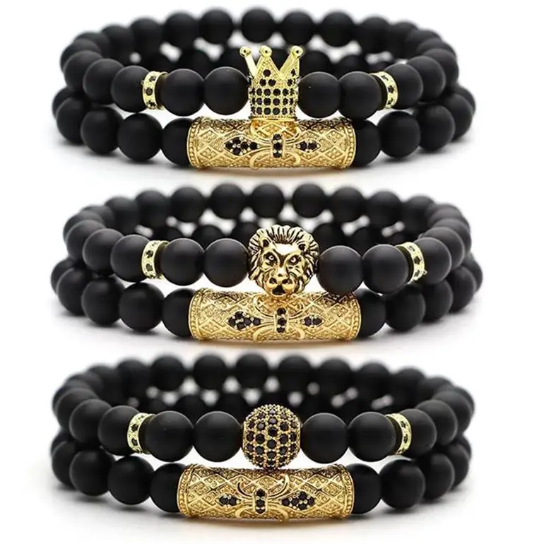 

Classic 2pc/set Pave Cz Crown Ball Lion Black Natural Stone Yoga Bracelet Homme Pulseras Jewelry 8mm Men Beads Bracelets Set