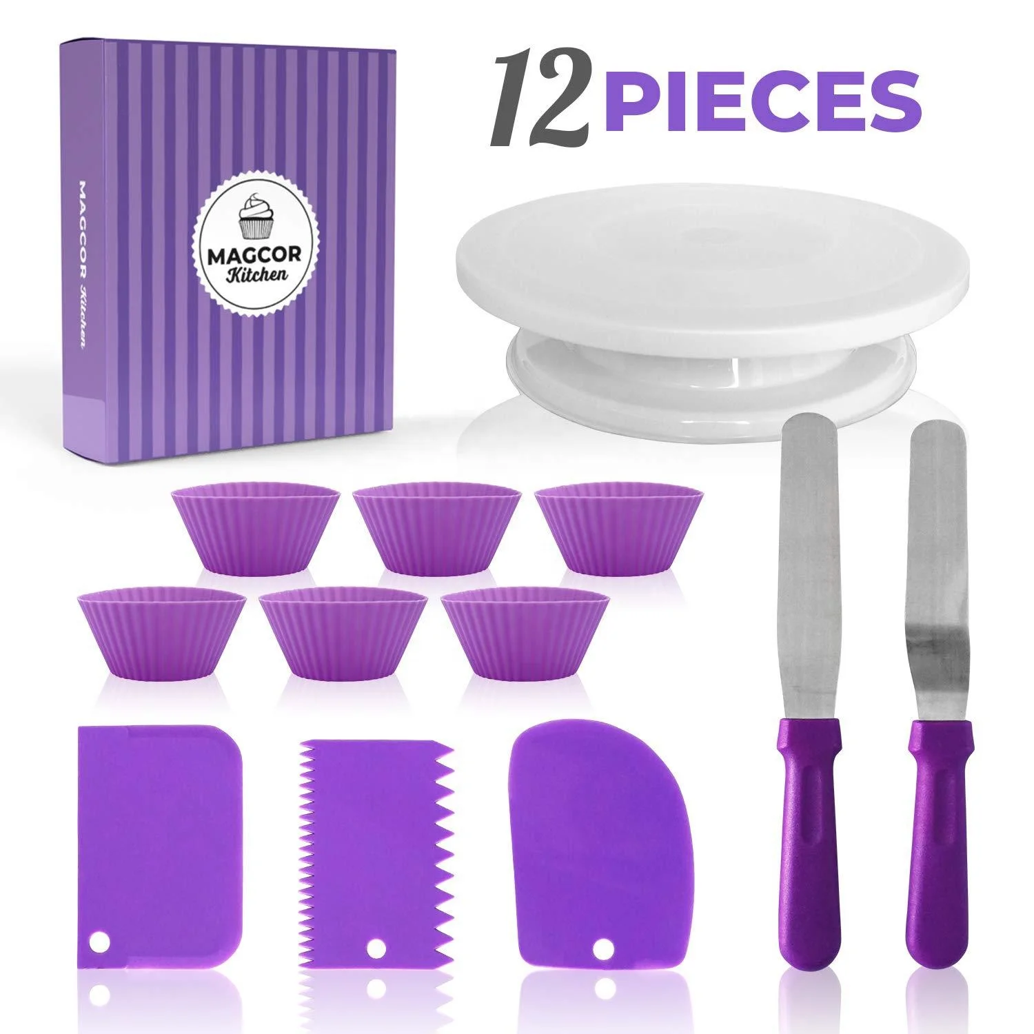 Amazon Hot New 12pcs Cake Decorating Kit Set with Cake Turntable Silicone Cups Straight Angled Spatula Icing Purple Cake Scraper