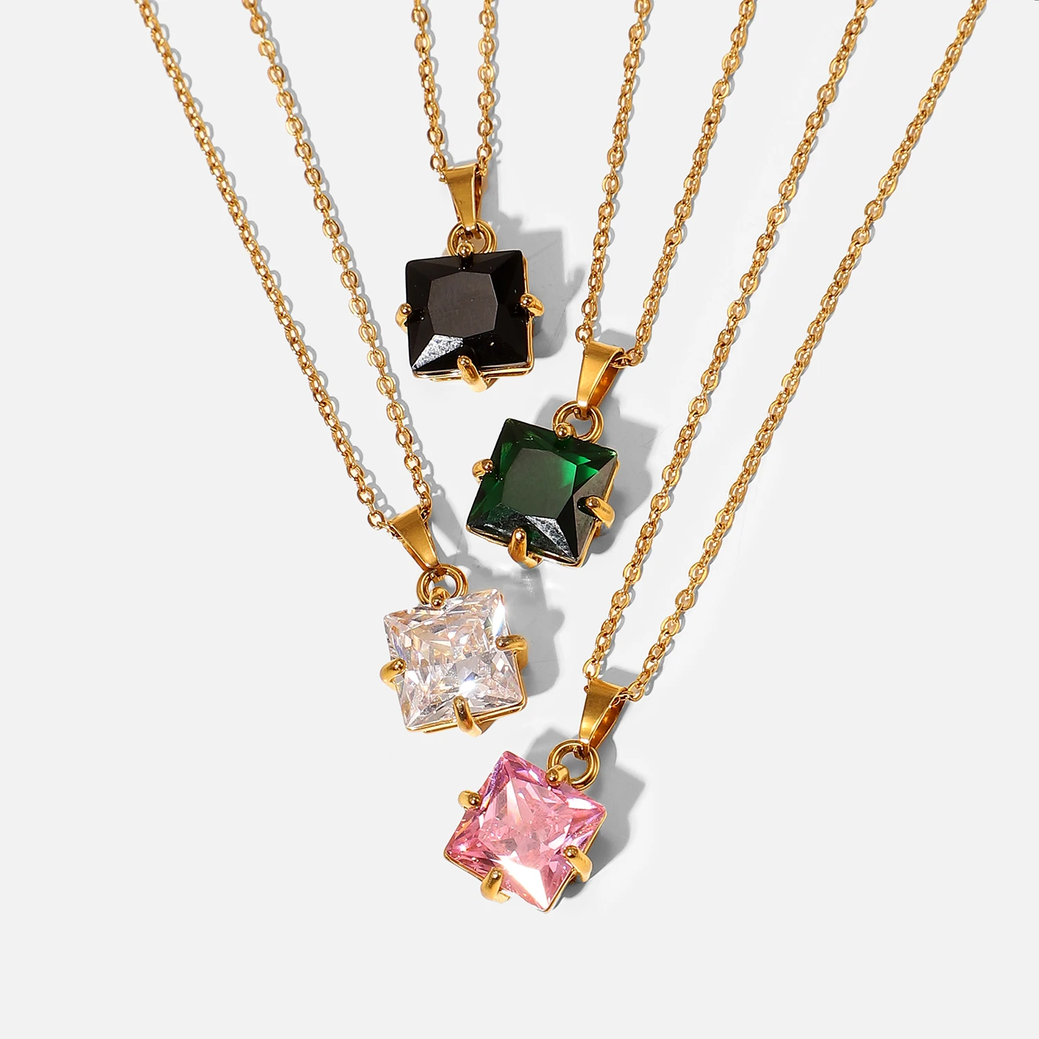 

Vintage French 18K Gold Plated Stainless Steel Jewelry Gift Square Pendant Colorful Cubic Zirconia Necklace For Women