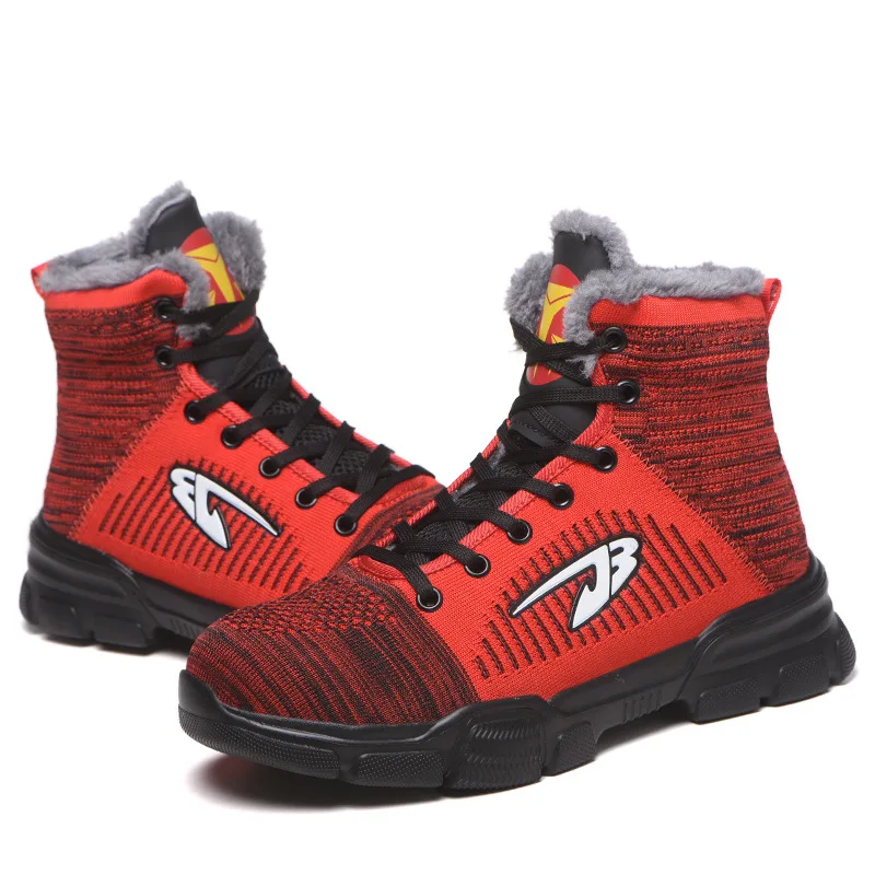 

Safety Shoes Fly knit Anti-smashing Steel Toe Plush Lining Work Safety Shoes Labor Protection Shoes, Black grey red