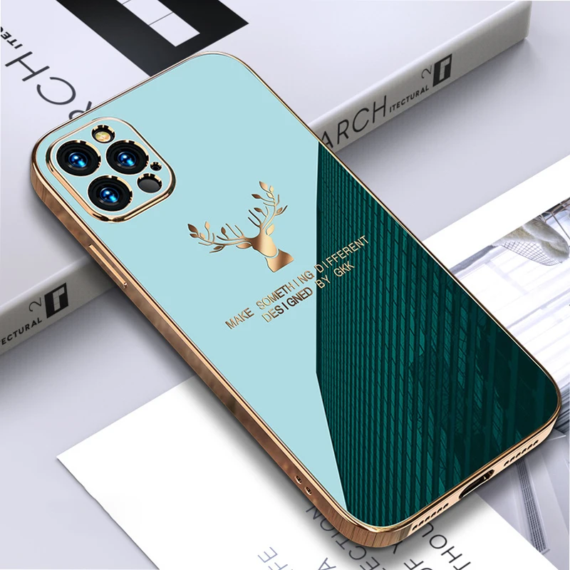 

Fashion Silicone Plating Deer Mobile Phone Case For iPhone 12 Pro Max Mini 11 Back Shell Bag Coque Fundas Para Cellphone Cover, Black/green/gray